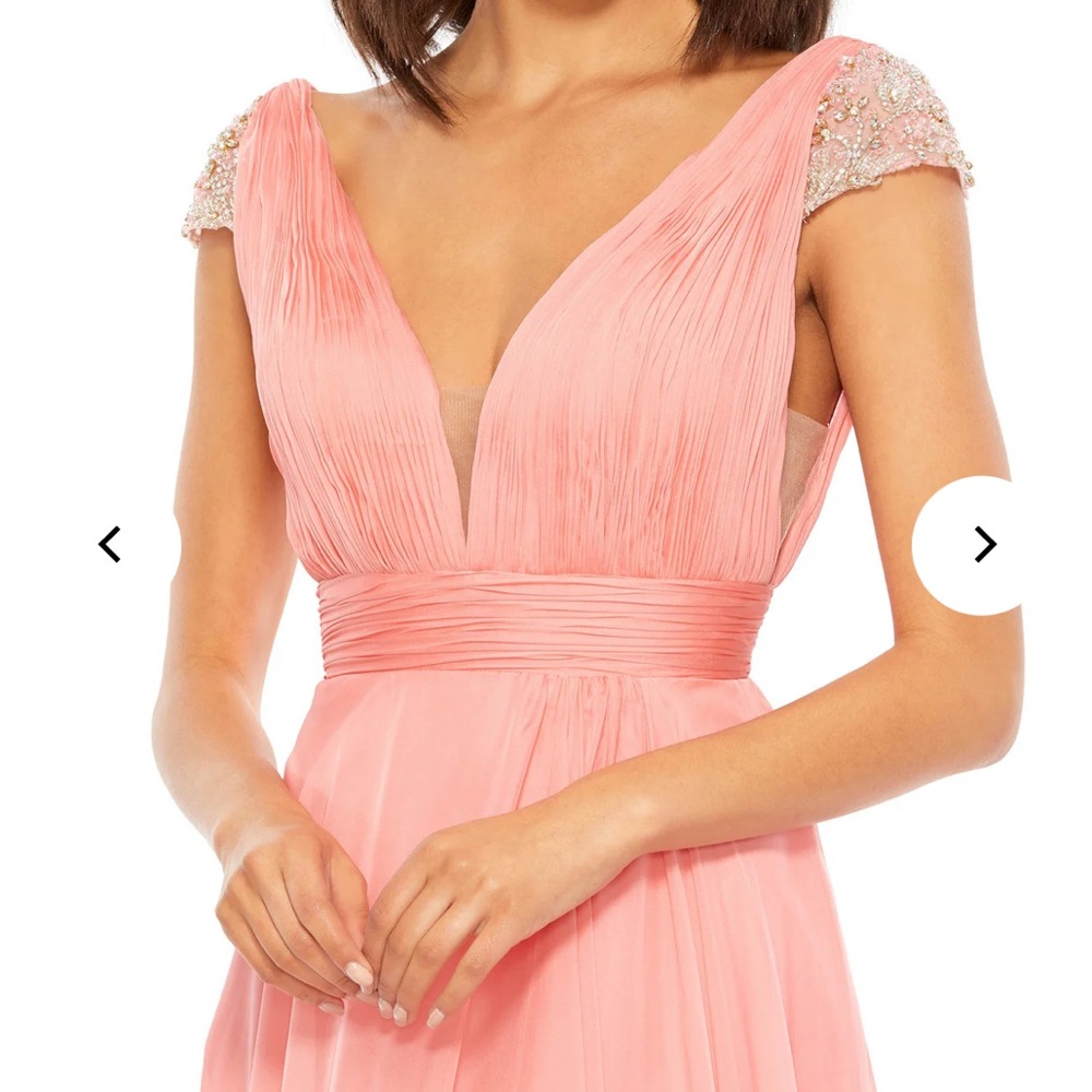 Mac Duggal Peach Pink Chiffon V-Neck Gown with Beaded Cap Sleeves
